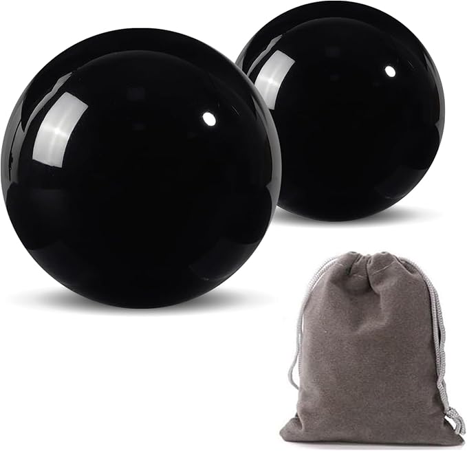 Obsidian Baoding Balls for Hand Therapy, Traditional Massage Chinese Ball for Adults Health Exercise Stress Relief Balls with Carry Pouch, Black Obsidian, Small-1.38"