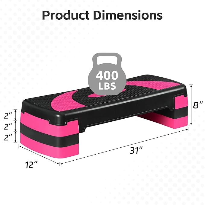 30" Aerobic Step Platform - 3-Level Adjustable Height (4"/6"/8"), Non-Slip Fitness Stepper w/Stackable Risers for Home Gym, Cardio & Strength Training