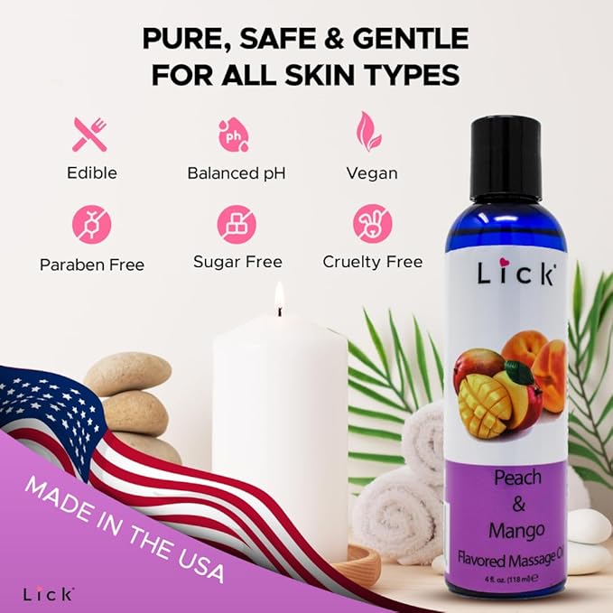 Lick Peach Mango Flavored Massage Oil – Juicy Tropical Blend Edible Massage Oil with Vitamin E, Lightweight Smooth Glide for Couples Massage & Sensory Play, 4 oz