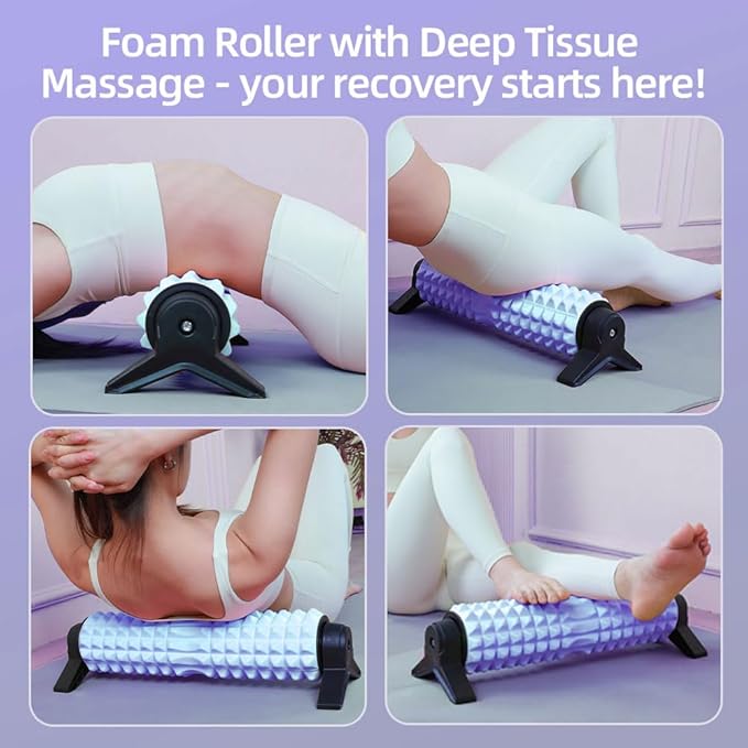 RUNWE Foam Roller with Stand - Bracket Foam Roller for Back Pain, 21 inch Trigger Point Deep Tissue Massage Roller, Medium Density Grid Bracket Foam Rollers, Leg Roller for Muscles Deep Tissue