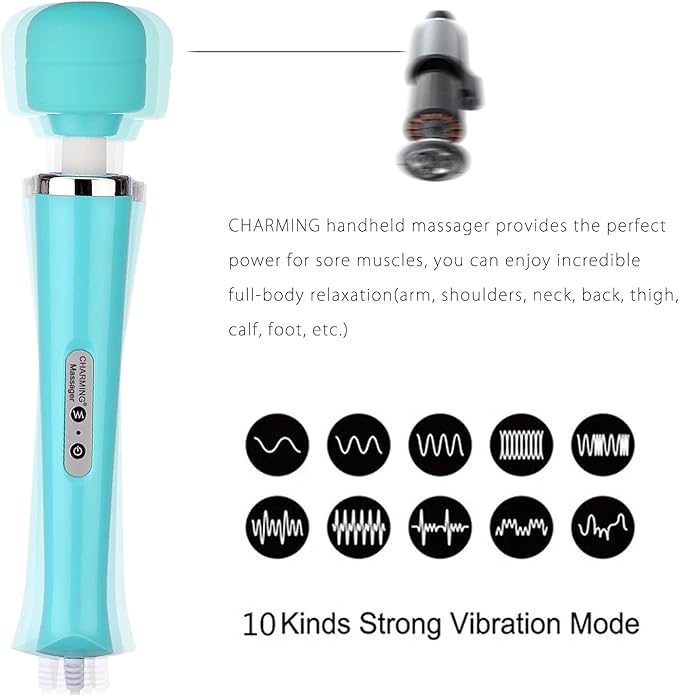 CHARMING Wired Powerful Handheld Back Massager with 10 Strong Vibrations Modes, Personal Therapy Massager for Sports Recovery, Muscle Aches, Body Pain-Light Blue