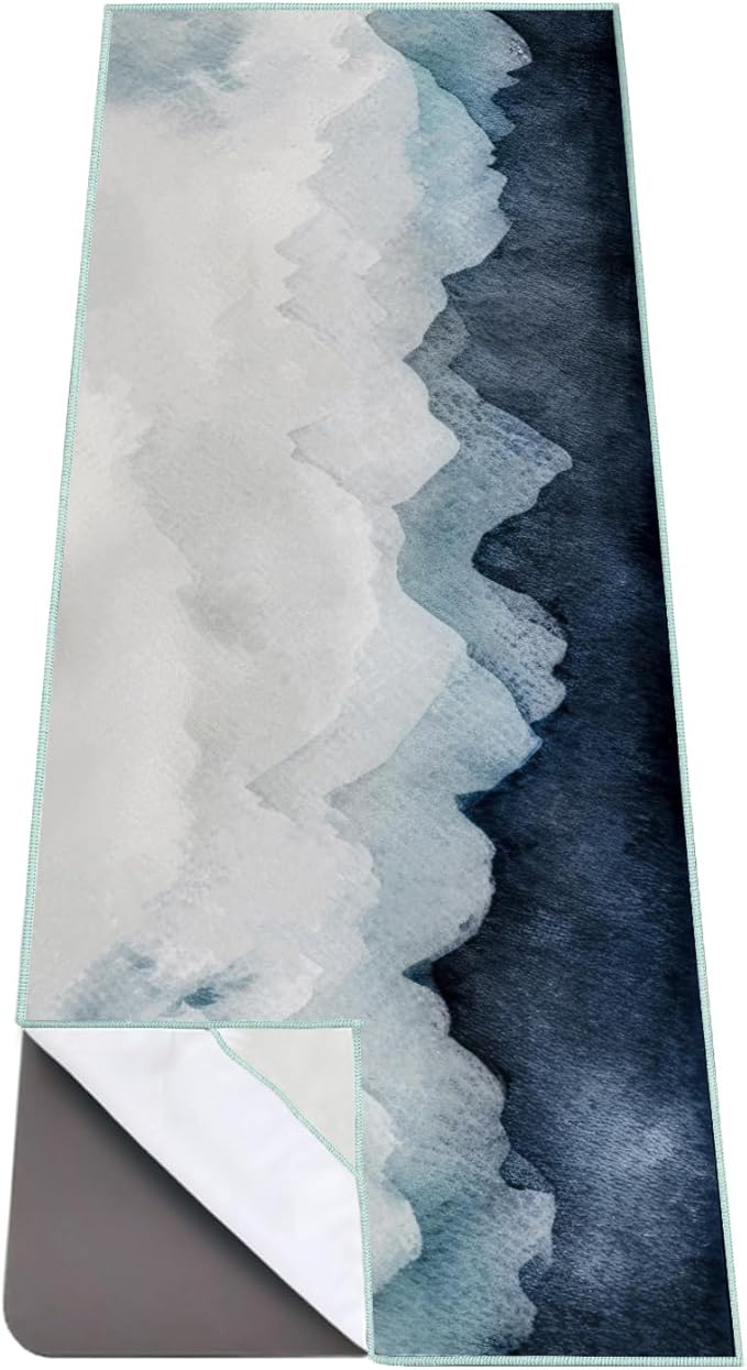 QiyI Yoga Mat Towel with Corner Pockets, Non Slip Sweat Absorbent Hot Yoga Towels, Soft Yoga Blankets with Travel Bag, Skidless Mat Cover for Workout, Gym, Fitness - 70"x26", Watercolor Mountain