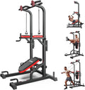 Pooboo Power Tower Dip Station Pull Up Bar for Fitness Home Gym Workout,450 Pounds Multi-Function Adjustable Height Fitness Strength Training Exercise Equipment,with Power Elastic Ropes