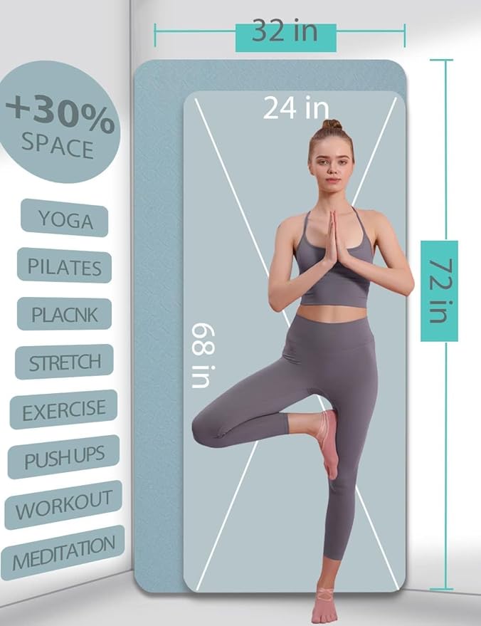 Yoga Mat Double-Sided Non Slip, 72'' x 32'' x 7mm - Extra Wide & Thick Yoga Mat for Women Men Kids, Professional TPE Yoga Mats for Home Workout, Yoga, Pilates and Floor Exercise, with Carrier Strap