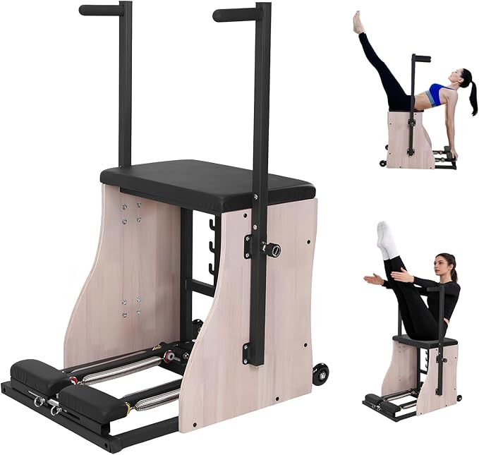 Oak Wood Pilates Chair Professional Yoga Chair Pilates Machine with Adjustable Resistance Handles and Split Pedals for Home and Studio Use
