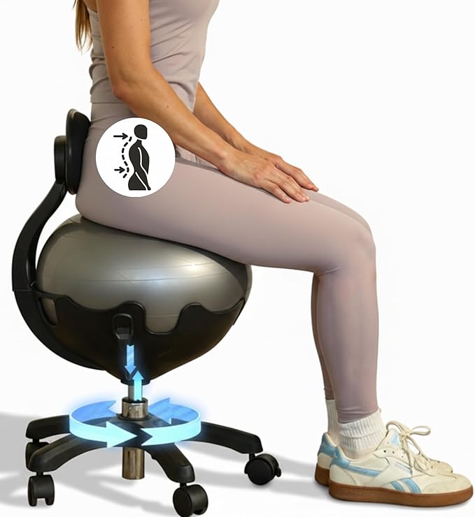 Aeromat Elite Yoga Ball Chair for Office & Home 250lbs Cap – Ergonomic Balance Ball Desk Chair w/Lockable Wheels,Adjustable Height, Anti-Burst Removable Ball, Back Support for Posture & Core Relief