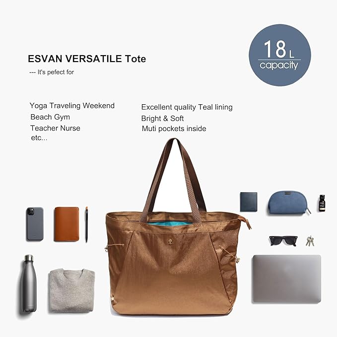 ESVAN Yoga Tote Bag for Women Shoulder Bags Drawstring for Office Workout Travel Carryall Pilates Gym and Beach