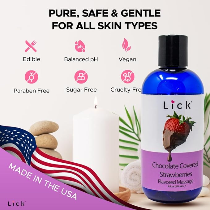Lick Chocolate Covered Strawberries Massage Oil – Gourmet Dessert Edible Massage Oil with Almond Oil & Vitamin E, Luxurious Glide for Romantic Couples Massage, 8 oz