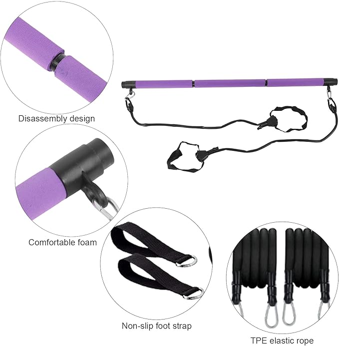 3 Sections Adjustable Pilates Bar, Portable Pilates Workout Stick for Full Body Training, Detachable Body Building Puller with Foam Grip for Home Gym Yoga Fitness