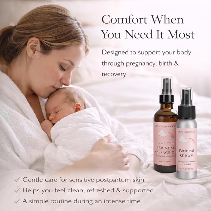 Organic Perineal Massage Oil Spray by Irene Organics for Pregnancy and Postpartum - Prevention for Perineum Tearing, All Natural, Third Trimester Pregnancy Must Haves for Childbirth (Perineal Bundle)