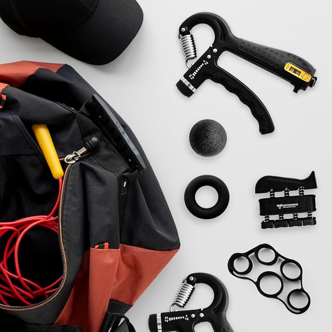 Hand Strength Kit With Finger Exerciser, Stretcher, Forearm Grip Adjustable Gripper, Exercise Ring and Stress Relief Ball for Athletes Muscle Trainer. Black
