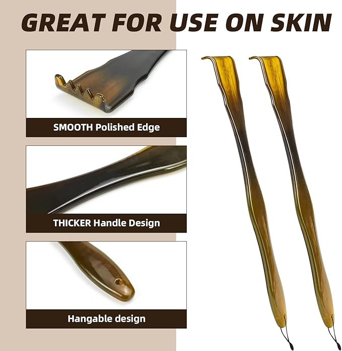 2-Piece Imitation Cow Horn Back Scratcher as Delicate and Smooth as a Gemstone, 12.4-Inch Long Handle Back Scratcher, Suitable for Adult Men and Women, As A Gift for Loved Ones(F-Brown-2)