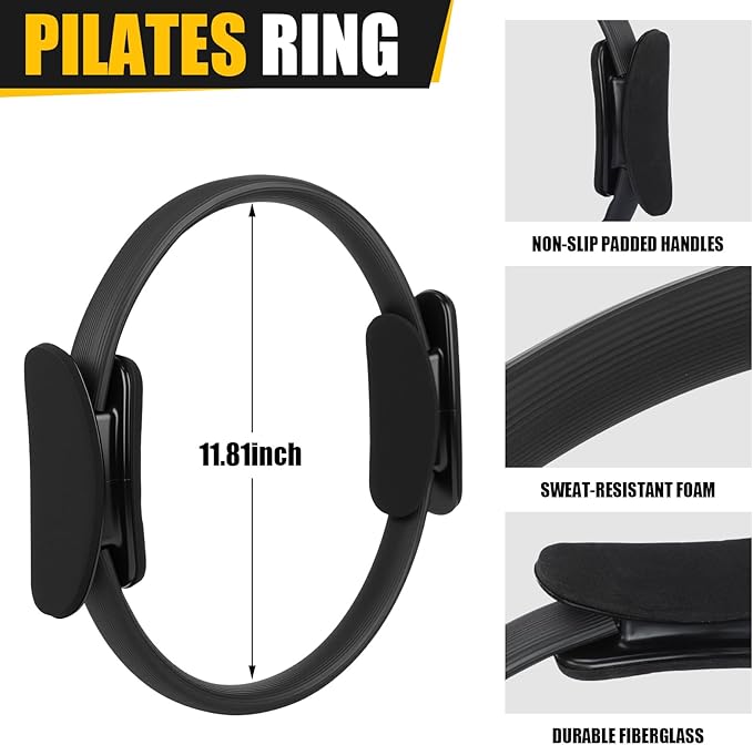 18 Pcs Pilates Ring and Ball Set Pilates Equipment for Home Workout 11.8 Inch Magic Circle Rings with Padded Handles, Small Yoga Balls for Strength, Fitness, Toning and Flexibility, Black