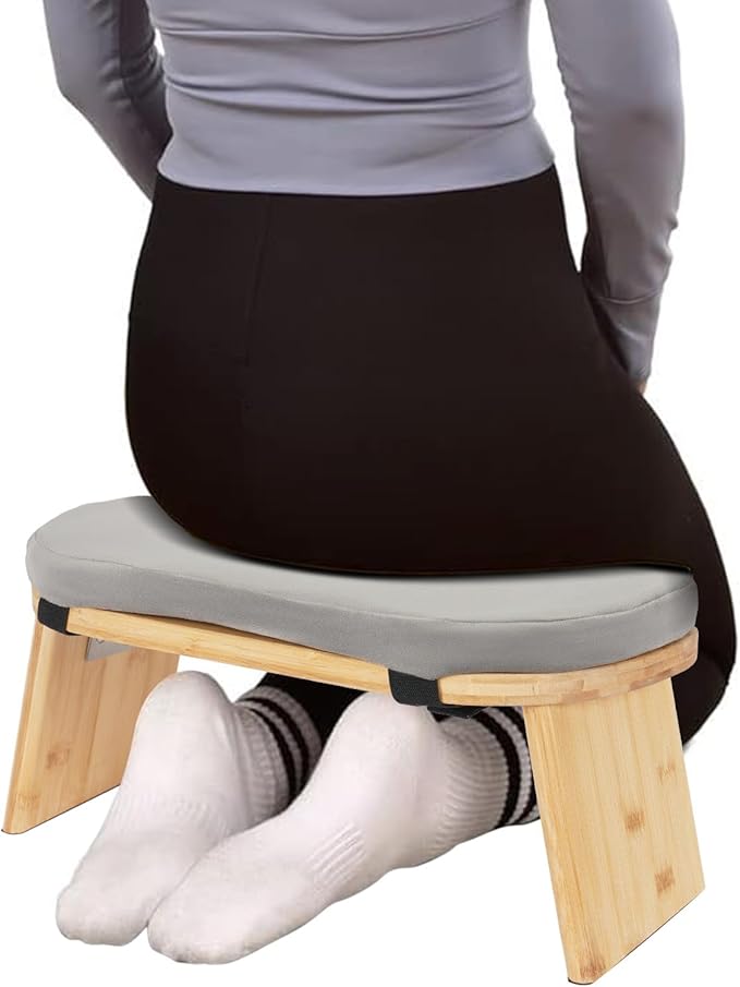 DYNAMI Bamboo Meditation Bench with Sponge Cushion, Portable Foldable Ergonomic Meditation Stool,Wooden Kneeling Stool for Yoga Sitting Prayer,Load Capacity 396lbs (Gray)
