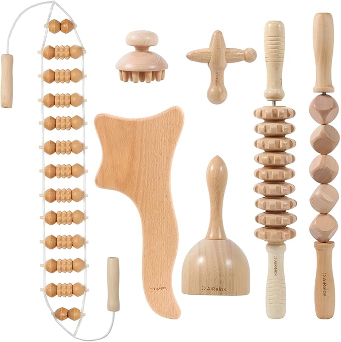 AiRelax 7 Pack Wood Therapy Massage Tools for Body Shaping Set, Cellulite Massager,Maderoterapia Kit Colombiana, Lymphatic Drainage Massager Tools for Neck Back Waist Pain Relief