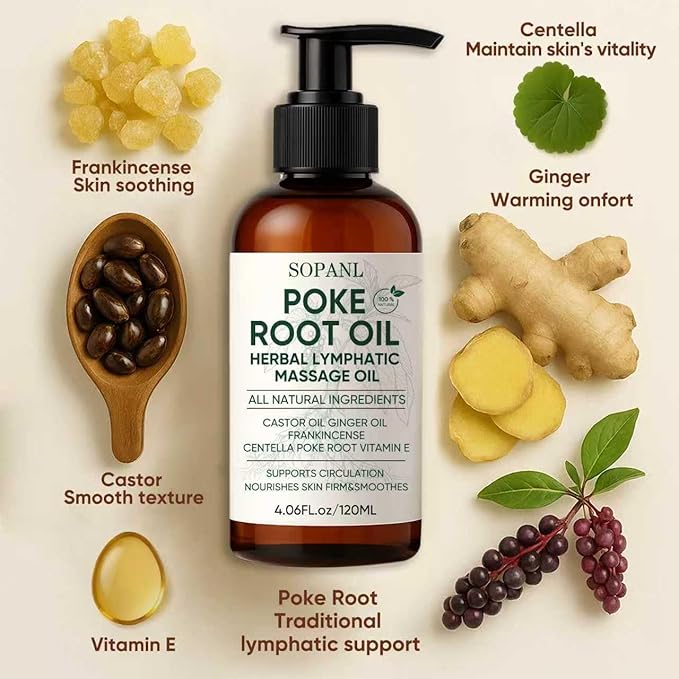 Organic Poke Root Castor Massage Oil – Herbal Body Massage Oil for Circulation Comfort & Skin Firming, Natural Blend with Ginger, Frankincense & Vitamin E, 4.02 fl oz / 120 ml