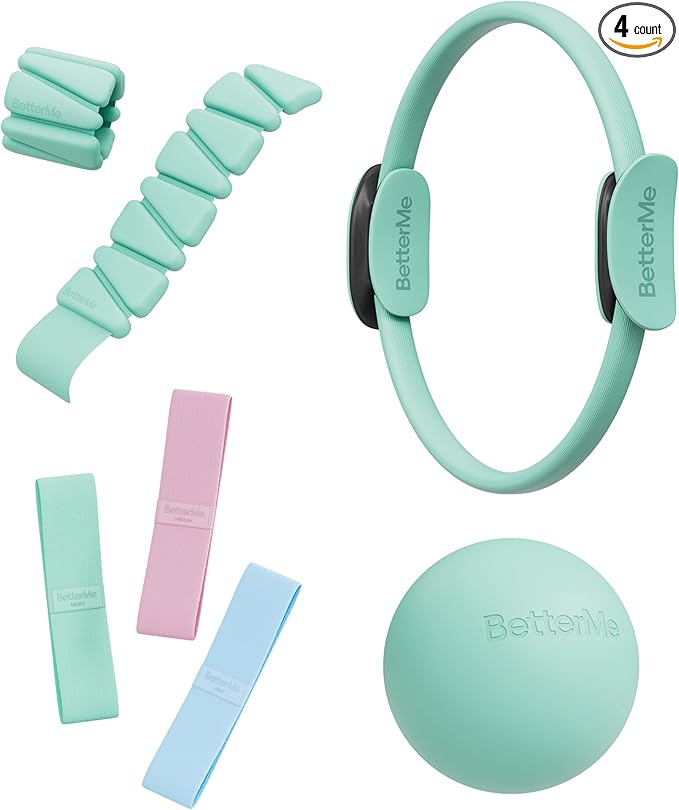 BetterMe Bubble Butt Kit – Pilates Ring, Weight Bands, Soft Ball & Loop Bands – Glute Training Pilates Kit for Women – Home Workout Pilates Equipment Set