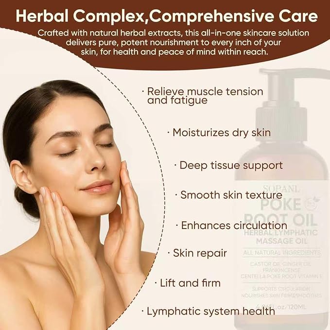 Organic Poke Root Castor Massage Oil – Herbal Body Massage Oil for Circulation Comfort & Skin Firming, Natural Blend with Ginger, Frankincense & Vitamin E, 4.02 fl oz / 120 ml