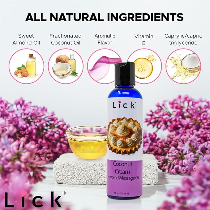 Lick Coconut Cream Indulgence Flavored Massage Oil – Vegan-Friendly, Non-Sticky, Tropical Scent, 4 oz