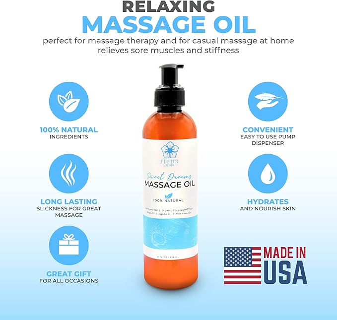 Massage Oil 8oz Pump by FLEUR DE SPA – Luxurious Therapeutic Body Oil – Made in USA – Safflower & Organic Coconut with Acai Berry – Soothes Sore Muscles, Relieves Stiffness, Anti-Cellulite