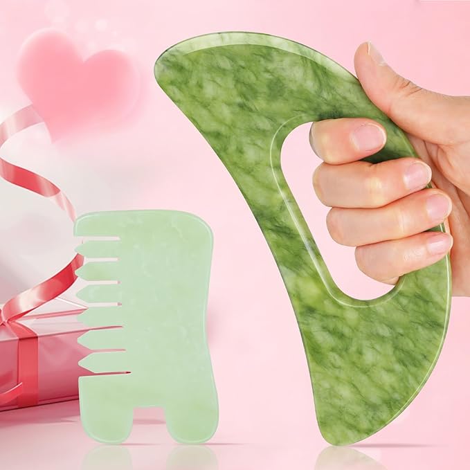 Jade Stone Gua Sha Massage Tool Set Larger Guasha Board with Handle, Muscle Scraping Massage Tools, Guasha Scraping Scalp Comb, Acupuncture Tools for Relaxation Lymphatic Drainage Valentine's Day Gift