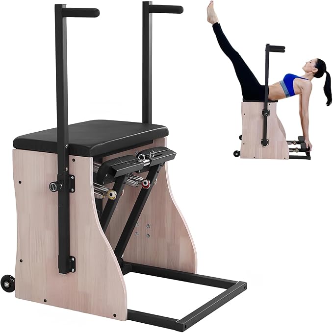 Generic Oak Wood Pilates Chair Reformer Machine Yoga Fitness Trainer with Adjustable Resistance Handles and Split Pedals for Home Use Gym Workout Rehabilitation