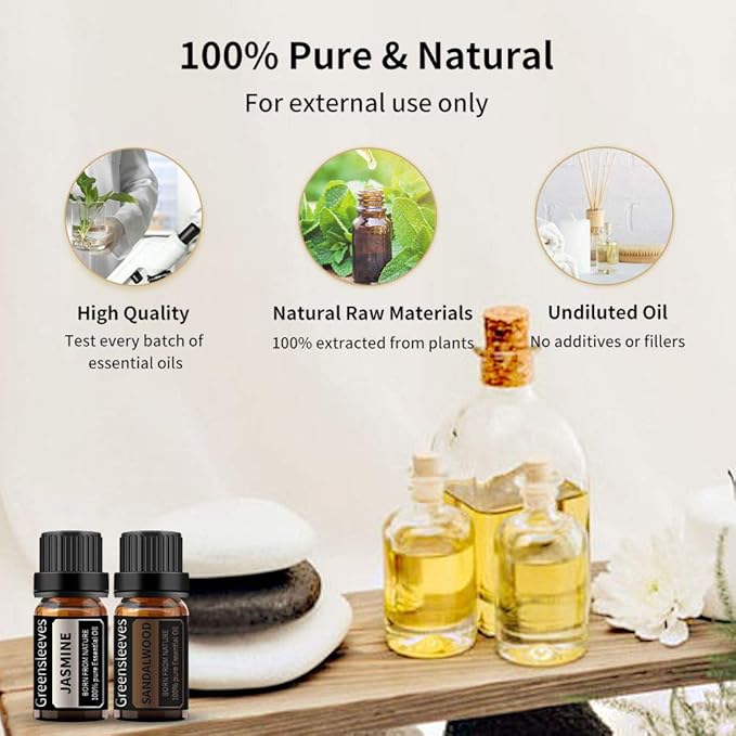 GREENSLEEVES Sandalwood Jasmine Essential Oil Set, 2 x 10ml Pure Plant-Based Fragrance Oil for Aromatherapy, Essential Oils for Diffuser, Massage, Bath Bomb, Scented Candle Soap Making