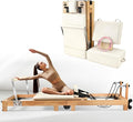 Pilates Reformer Machine, 95" Foldable Studio Grade Pilates Equipment with Adjustable Reformer Heights for Gym, Studio and Home, Oak Wood Pilates Reformer with Jump Board