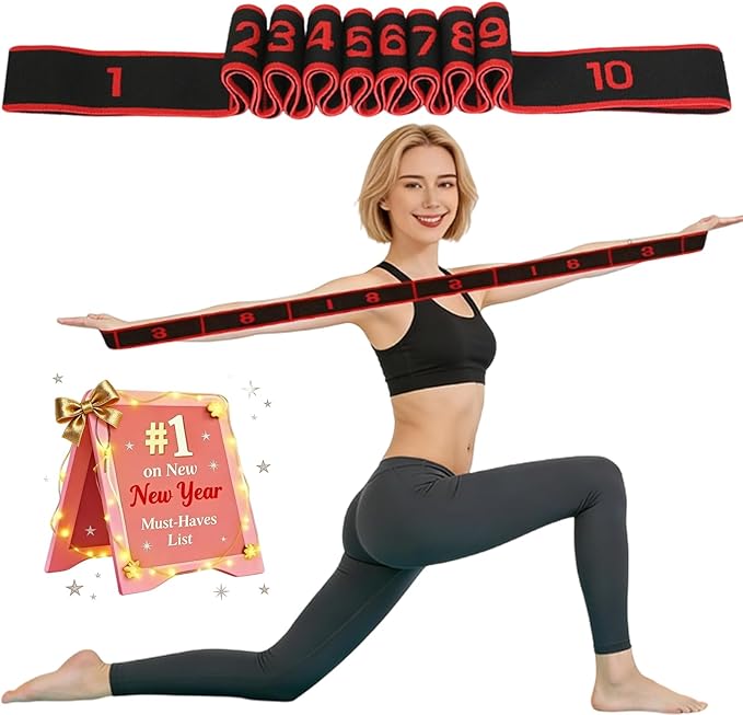 Fitness Resistance Band for Stretching and Yoga, Numbered Elastic Exercise Bands with Handles, Adjustable 8/10/12-Loop Design for Full Body Stretching and Pilates