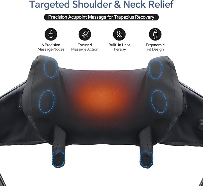 Cordless Neck Shoulder Massager with Heat, Deep Tissue Shiatsu Kneading for Pain Relief, Upgraded Straps Portable for Home Office Travel, Ideal Gifts for Men Women Mom Dad
