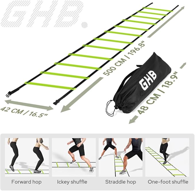 GHB Agility Ladder 1 Pack and 7 Inch 12 Pack Soccer Cones 2 Carrying Bag
