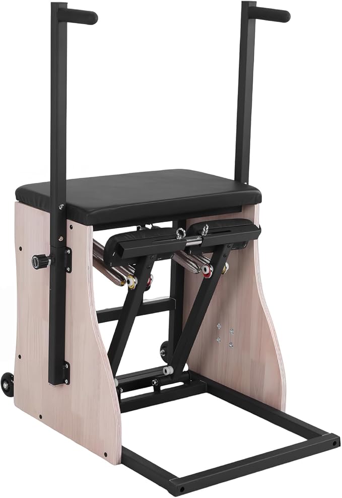 Oak Wood Pilates Chair with 4 Level Handles Split Pedals Adjustable Resistance Pilates Stabilizer Chair for Home Workouts and Studio Use
