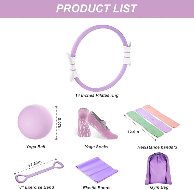 Luscinia Pilates Kit,Home Pilates Ring Kit for Women,Pilates Equipment Ring and Ball Set with Pilates Ring, Pilates Ball, Resistance Bands, Figure 8 Band & Accessories Pilates Starter Kit