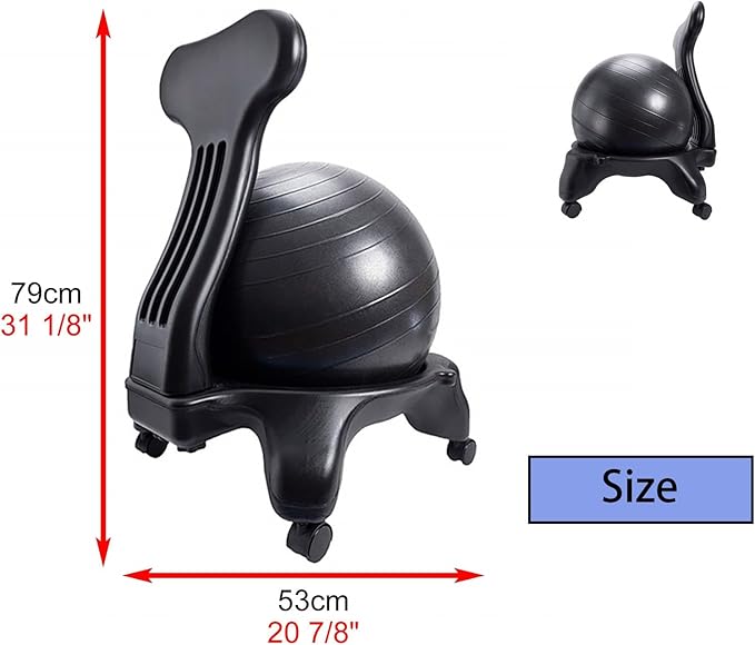 CMYUN Yoga Ball Chair Stability Exercise Ball Chair for Office, Black Yoga Ball Chair with Wheels & Back Support, PVC Balance Ball Seat to Relieve Back Pain