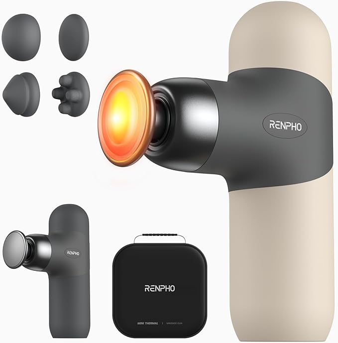 RENPHO Mini Thermal Massage Gun with Heat, Portable Deep Tissue Percussion Massager with 4 Heads for Neck & Back Comfort, Ultra-Quiet Operation for Home, Office & Travel, Includes Compact Carry Case