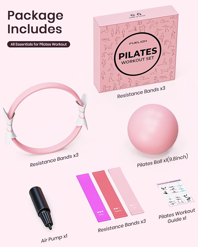 Pilates Ring Set for Women, Home Workout Pilates Equipment with Resistance Bands, 14'' Magic Circle, Mini Ball, Pilates Starter Kit for Strength, Toning and Flexibility
