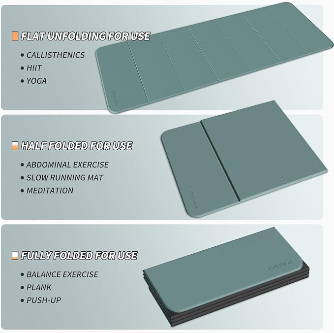 Foldable Fitness Yoga Mat | 2/5" (10MM) Extra Thick | SGS Certified Non-Slip TPE | 75x26" Extra Long-Wide | Portable & Easy Store | for Yoga, Pilates, Home Gym & Full-Body Workouts
