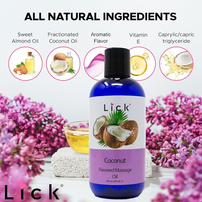 Lick Coconut Flavored Massage Oil – Tropical Edible Massage Oil with Sweet Almond Oil & Vitamin E, Hydrating Body-Safe Formula for Relaxing Couples Massage, 8 oz