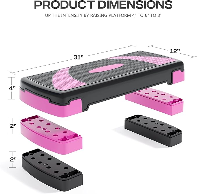 31" Aerobic Exercise Step Platform, Step Up Exercise Platform with 4" 6" 8" Adjustable Risers, Stair Stepper Workout Stepper for Home Gym Strength Training Fitness Equipment