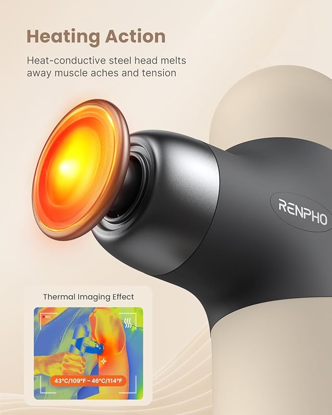 RENPHO Mini Thermal Massage Gun with Heat, Portable Deep Tissue Percussion Massager with 4 Heads for Neck & Back Comfort, Ultra-Quiet Operation for Home, Office & Travel, Includes Compact Carry Case