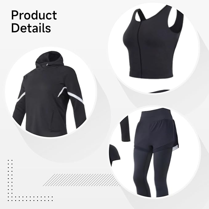 Women'S Pilates Set, Black Four-Piece Yoga Outfit With Jacket, Bra, Shorts, Pants, Xxl, Breathable, Anti-Pilling Fabric, Fits 5 Ft To 5 Ft 11 In, 110 To 330