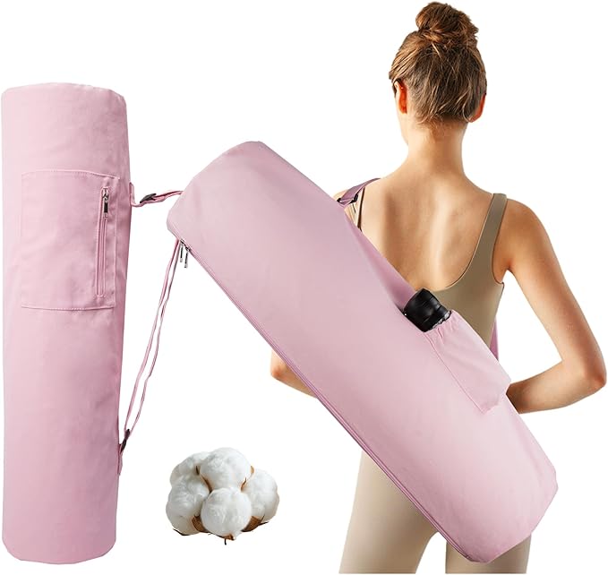Cotton yoga mat bag with Pockets and Adjustable Strap - Full Zip Cargo Yoga Mat Carrier Bag - Bag for 1/4" 1/3" Thick Yoga Mat