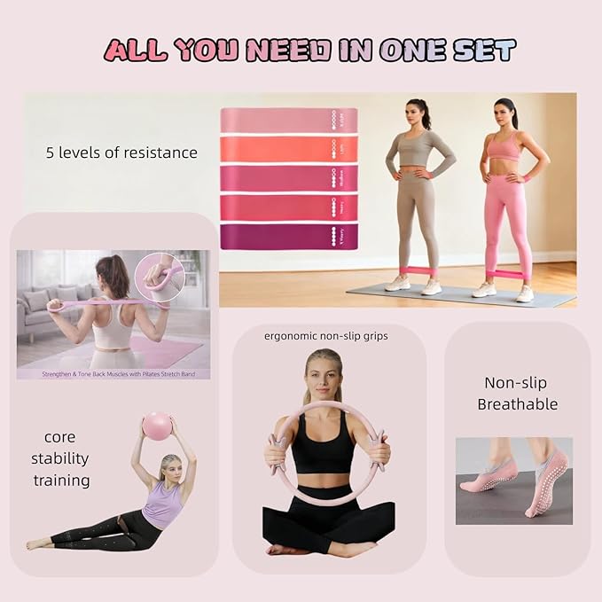 RosyWay Pilates Kit for Women-Pilates Ring and Ball Set, at Home Pilates Workout Equipment with Magic Circle,5 Resistance Bands, Ball,Elastic Bands-Beginner Valentine's
