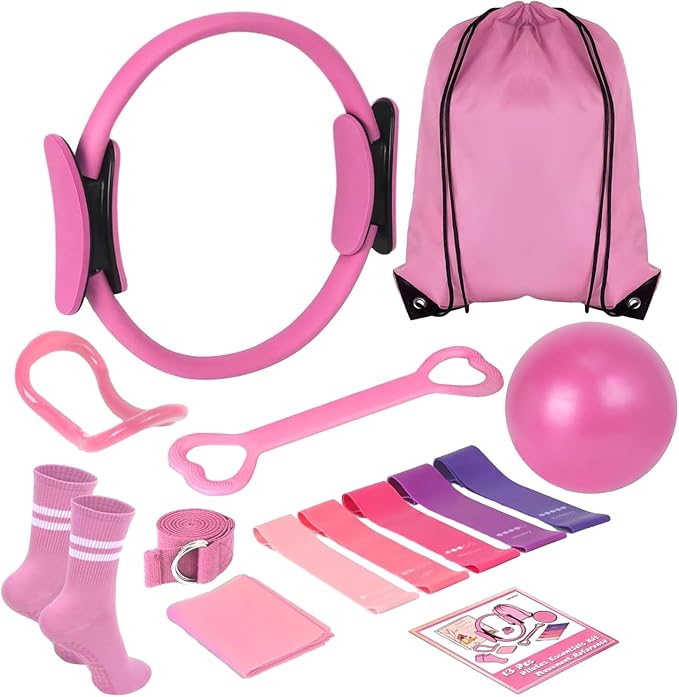 Pilates Kit for Home Workouts for Women-12-Piece Equipment Set with Ring,Yoga Ball,5 Resistance Bands,Figure-8 Band,Arm Stretcher,Grippy Socks,Storage Bag for Toning,Strength & Flexibility