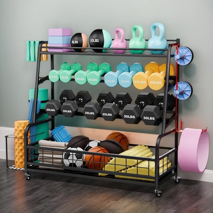 4-Tier Dumbbell Rack Weight Stand - Adjustable Weight Rack,Home Gym Storage for Dumbbells Kettlebells Yoga Mat and Balls, All in One Workout Storage with Wheels and Hooks,Powder Coated Finish Steel