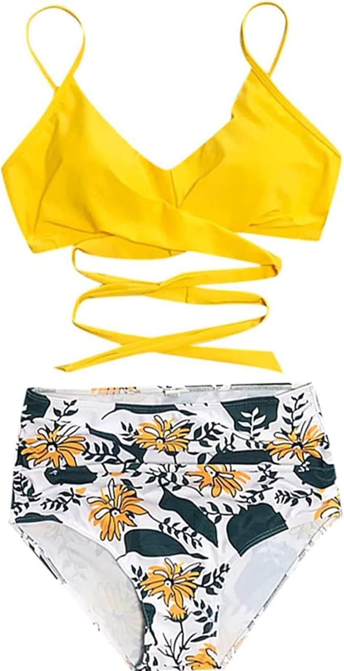 Womens Front Cross Ruched Bikini Set Twist Wrap Swimwear High Waisted Bottoms Print Straps Push Up Swimsuits