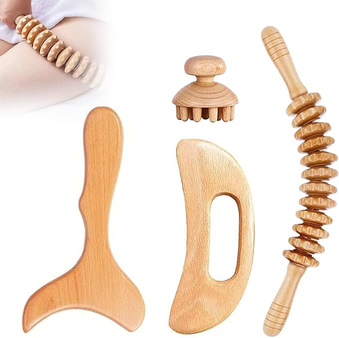 Wood Therapy Massage Tools 4-in-1 Lymphatic Drainage Massage Maderoterapia Kit Wooden Massager Body Sculpting Tools for Muscle Pain Relief, Anti-Cellulite Body Shaping