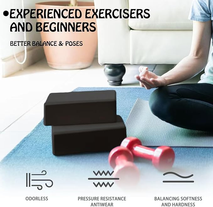 Yoga Blocks 2 Pack, Supportive Latex-Free Eva Foam Soft Non-Slip Blocks with Beveled Edges for Yoga, Pilates, Meditation - Yoga Accessories for Stability, Balance, Deepen Stretches
