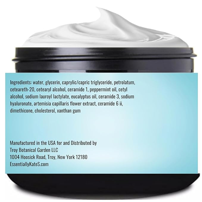 Essentially KateS Peppermint + Eucalyptus Cooling Blend Cream Lotion 4 Fl Oz - enriched with Ceramide 1, 3, and 6II - Soothing After Physical Activity - Providing comfort for overworked muscles.