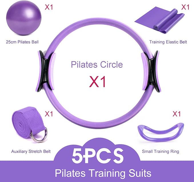 Pilates Ring, 15" Durable 5 Pack Pilates Circle with Resistance Bands,Mini Ball,Yoga Strap,Padded Handles Magic Circle,Pilates Circle Ring Equipment for Workouts,Home Exercise,Fitness,Body Toning